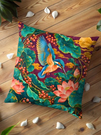 Jeweled Kingfisher and Lotus Pond Pillow Cover