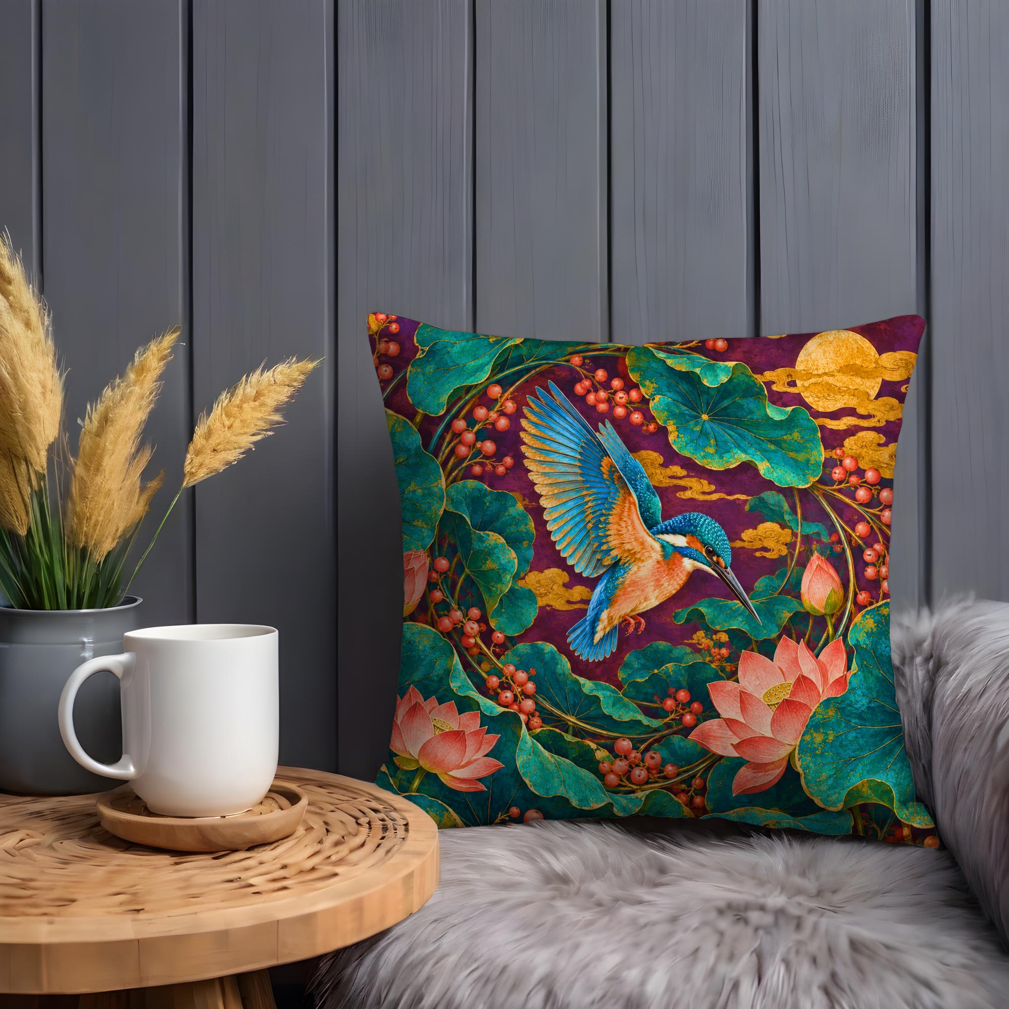 Jeweled Kingfisher and Lotus Pond Pillow Cover - Image 2