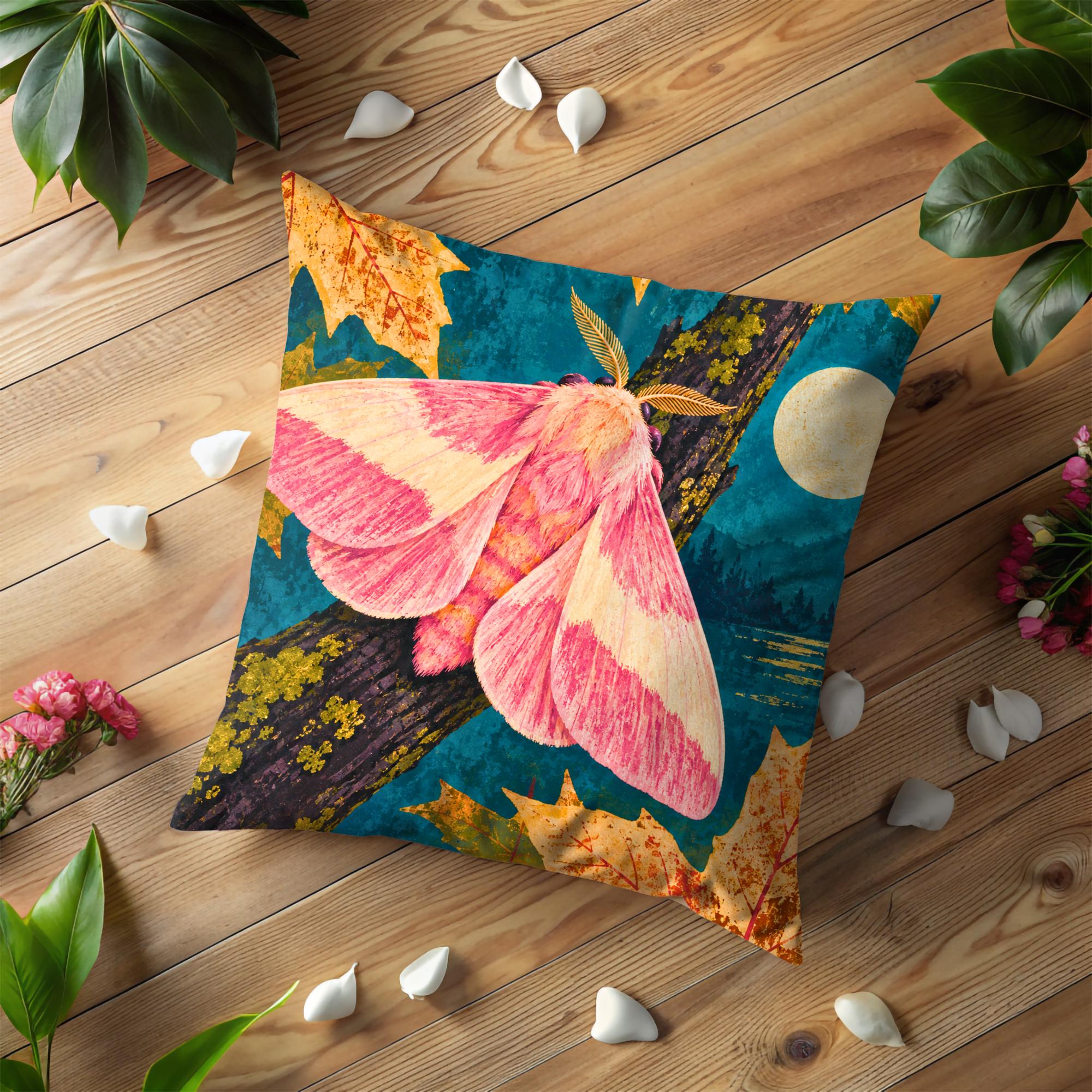 Moonlit Pink Silk Moth Pillow Cover