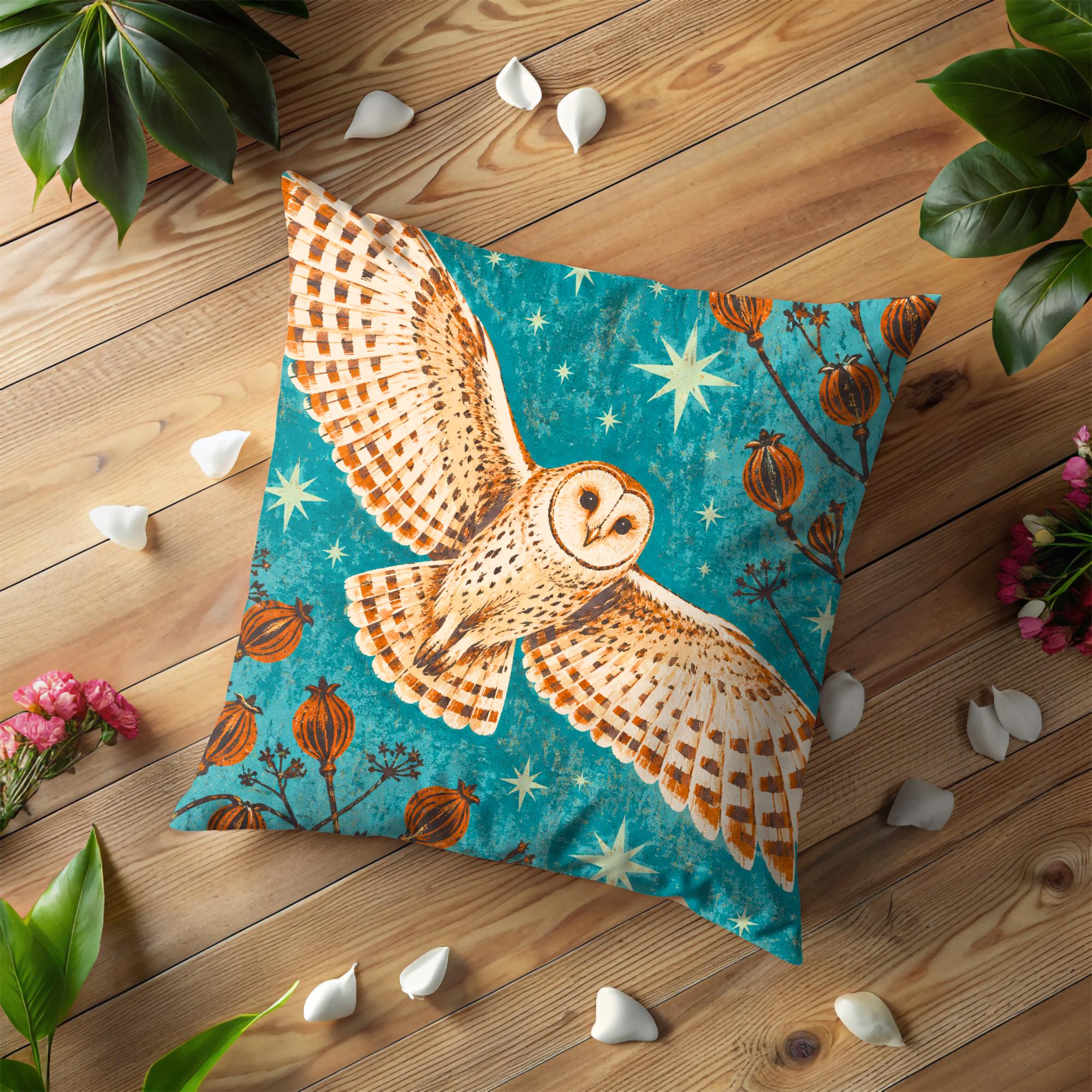 Starlit Barn Owl and Poppy Pods Pillow Cover