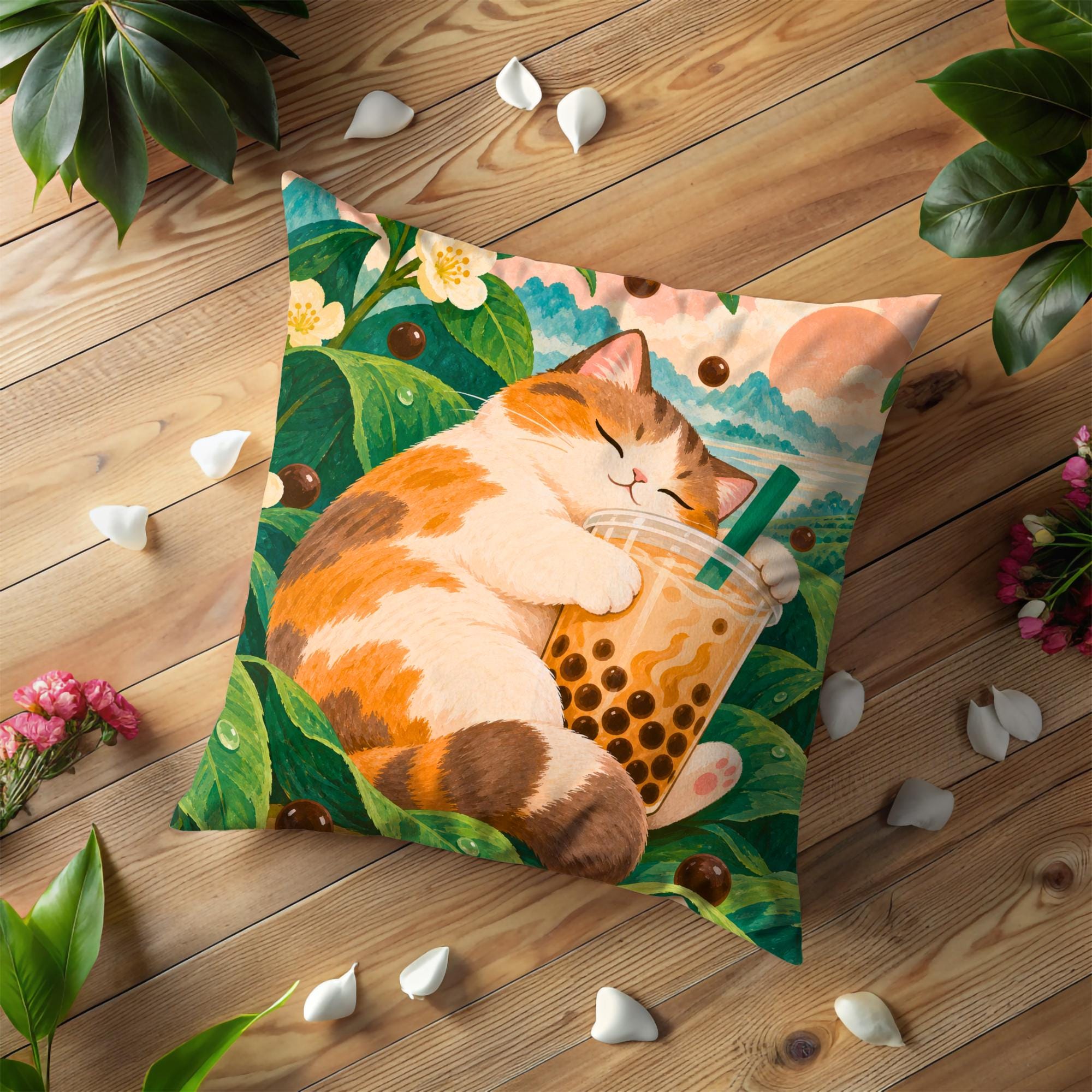 Sweet Dreams Boba Cat Decorative Pillow Cover