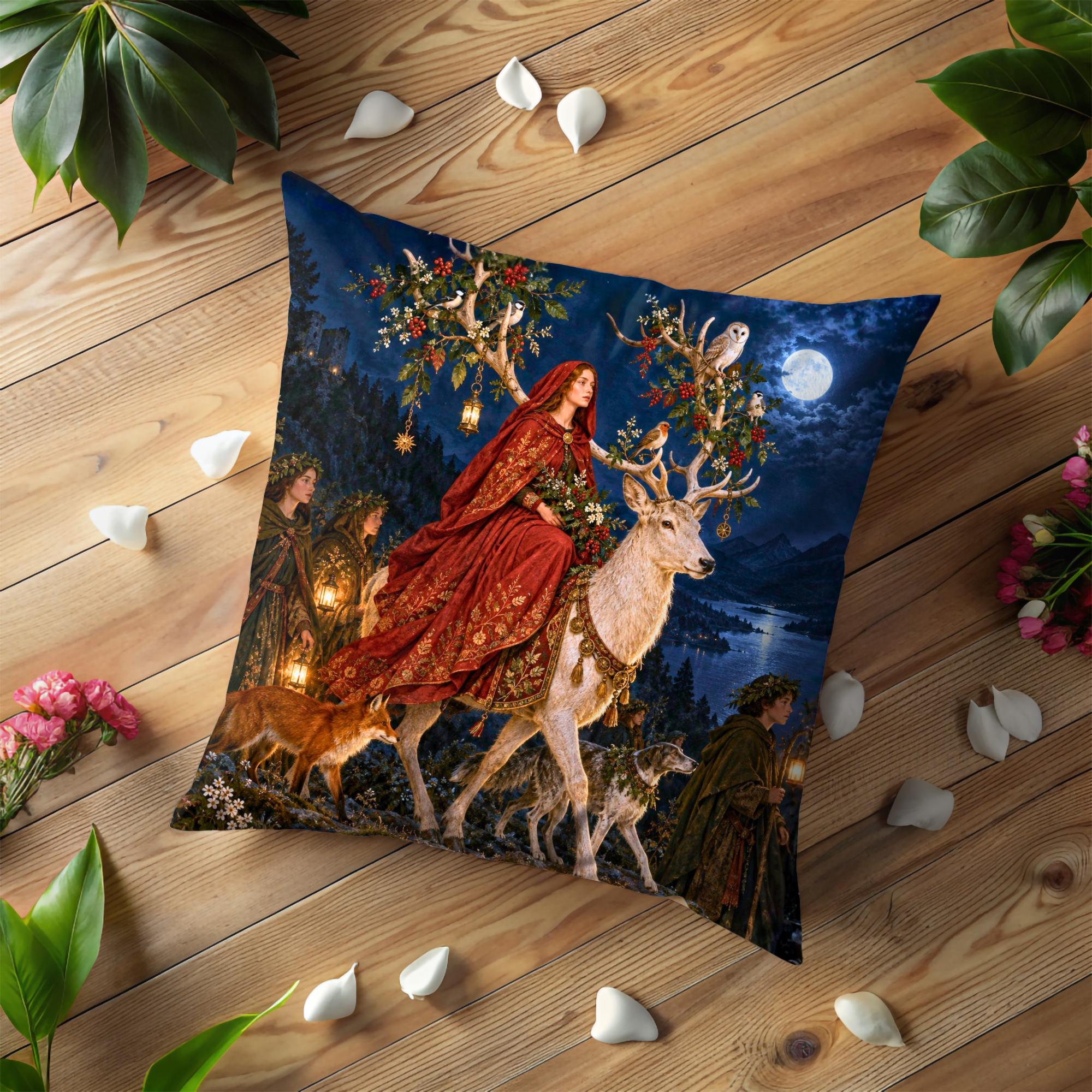 Enchanted Moonlit Lady and White Stag Pillow Cover