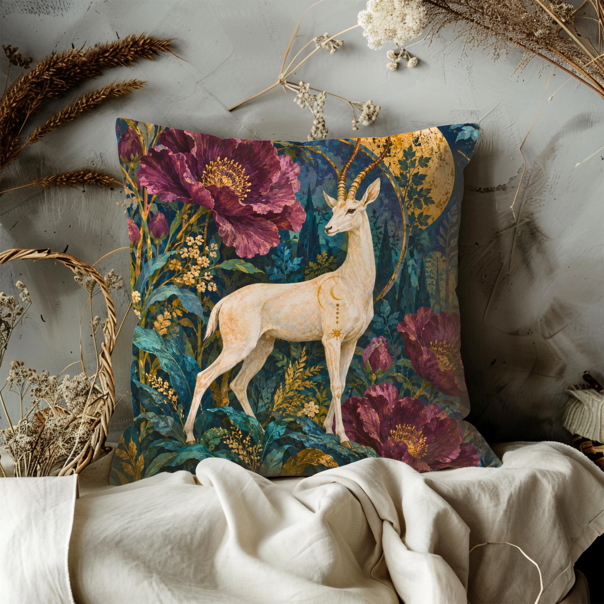Moonlit White Gazelle and Burgundy Peony Pillow Cover - Image 2
