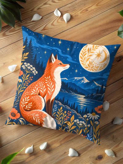 Celestial Fox Under the Moon Pillow Cover