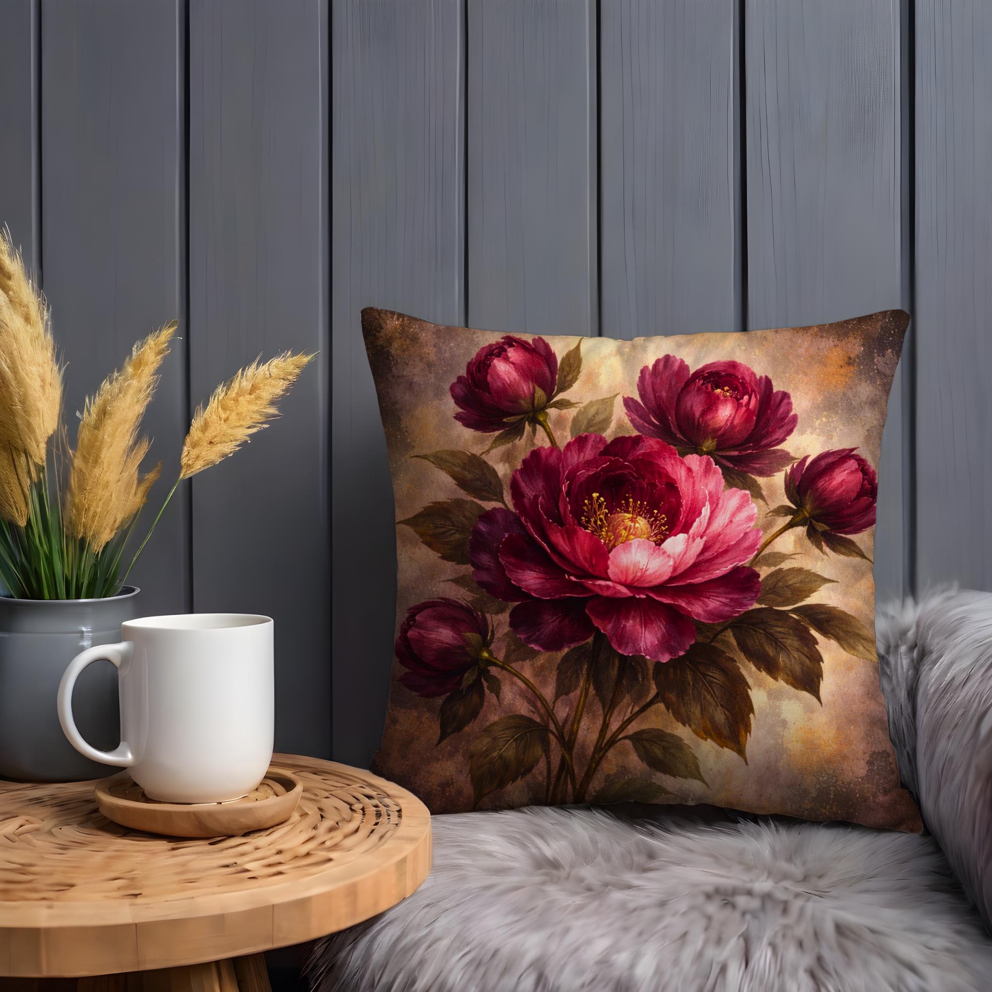 Burgundy Peony Bouquet Pillow Cover - Image 2