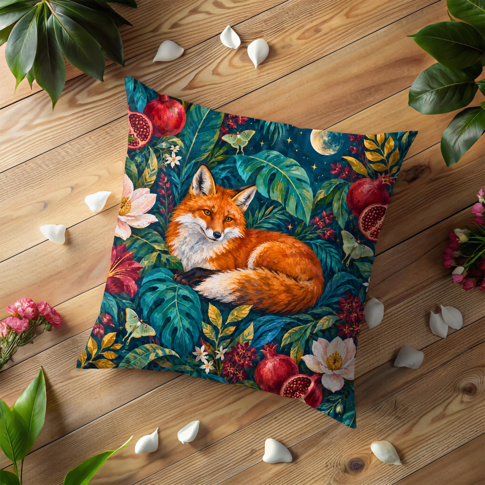 Moonlit Fox in Pomegranate Garden Pillow Cover