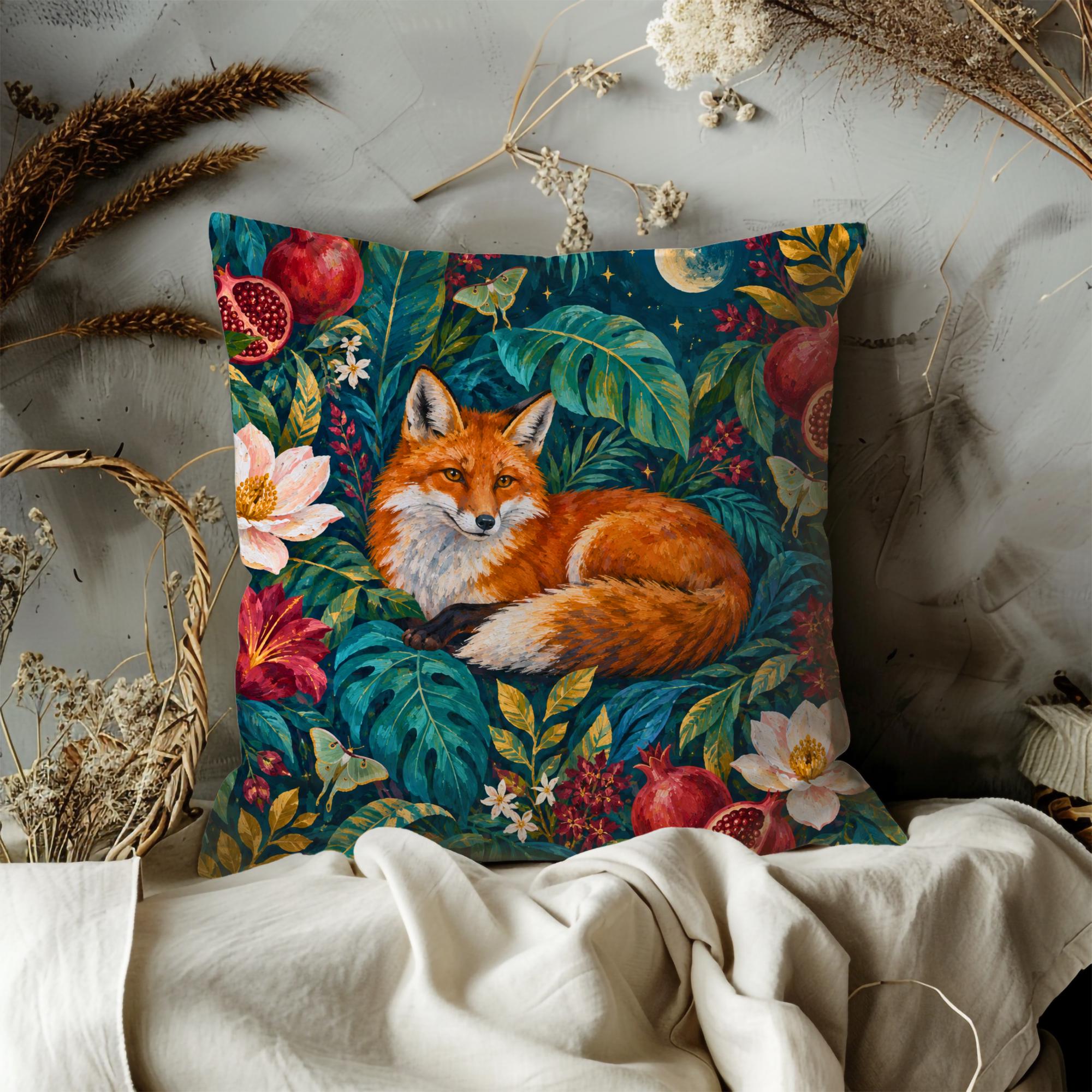 Moonlit Fox in Pomegranate Garden Pillow Cover - Image 3